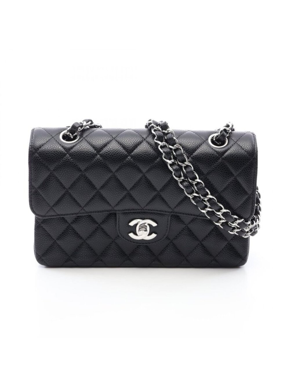 Chanel Shoulder Bag Quilted Double Flap Black Caviar Leather Chain
